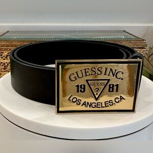 VTG Guess Belt - Black/Gold-Toned Oversized Guess LA Logo Buckle, EUC est size L